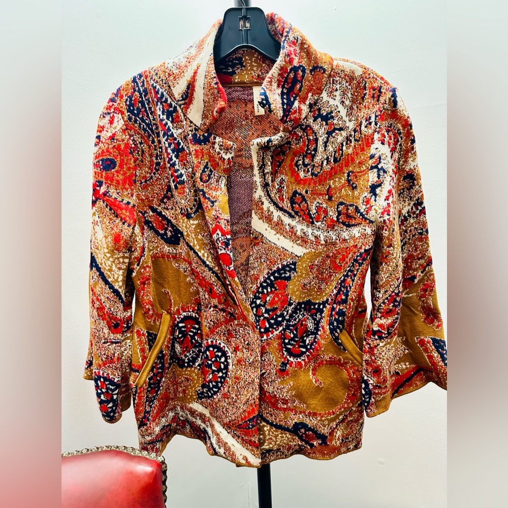 Moth for Anthropologie Tan Multi Paisley One-Button, 3/4-Sleeve Cardigan, XS